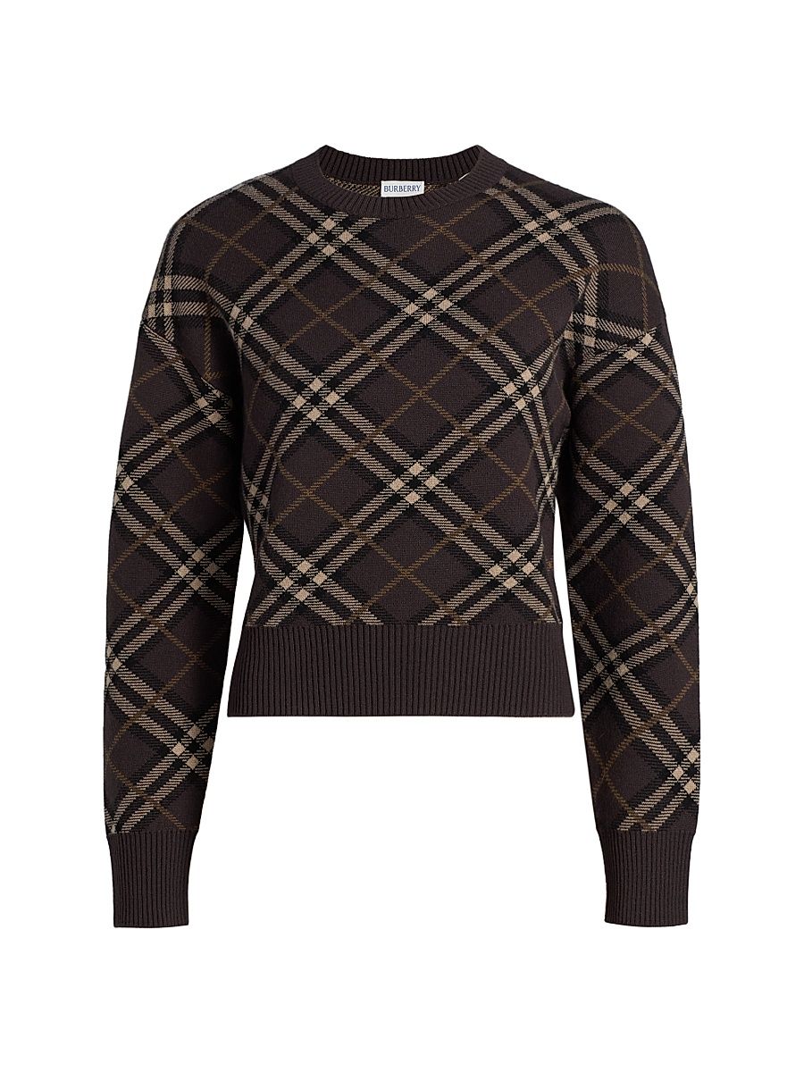 Women's Gillian Check Stretch Wool-Cashmere Crewneck Sweater - Truffle Check - Size XS
