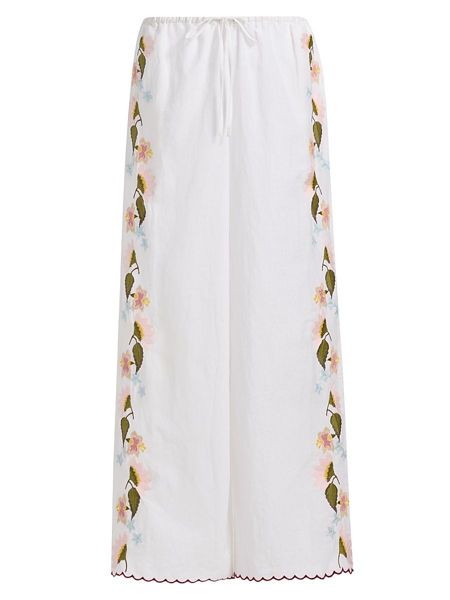 Women's Ermmano Embroidered Cotton-Linen Drawstring Pants - White - Size XS