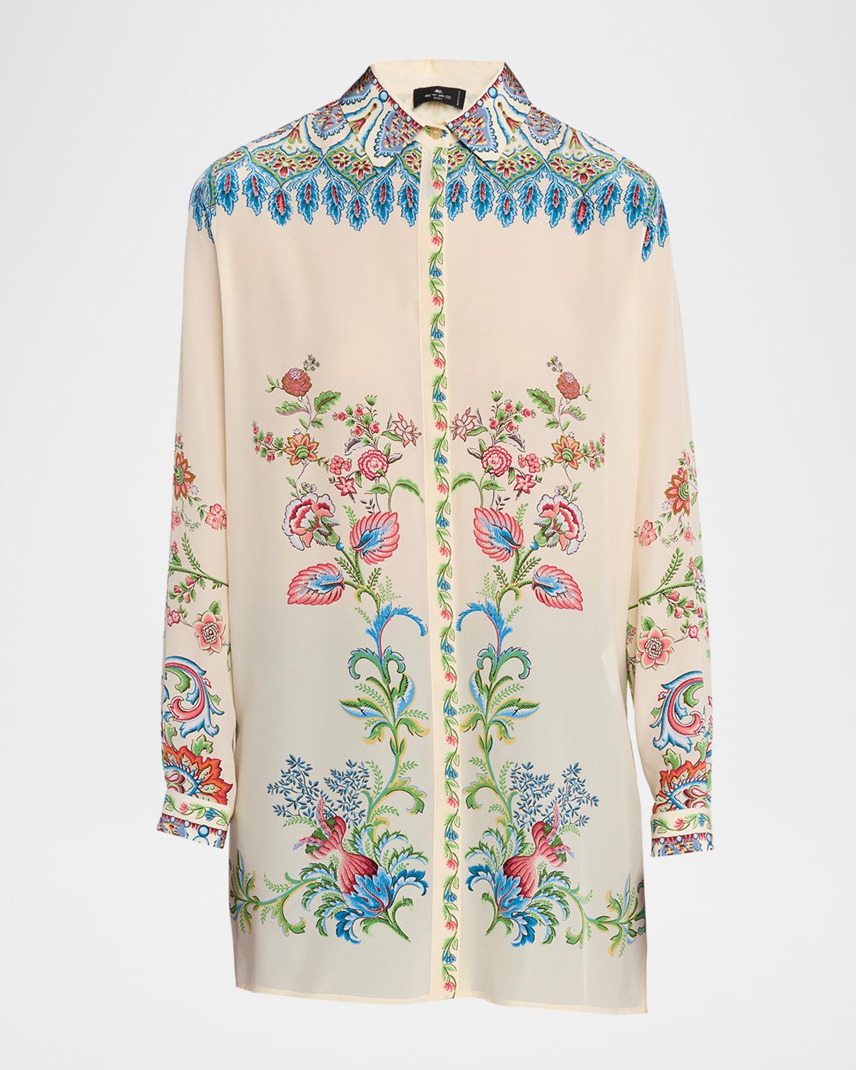 Floral Silk Button-Down Tunic Shirt
