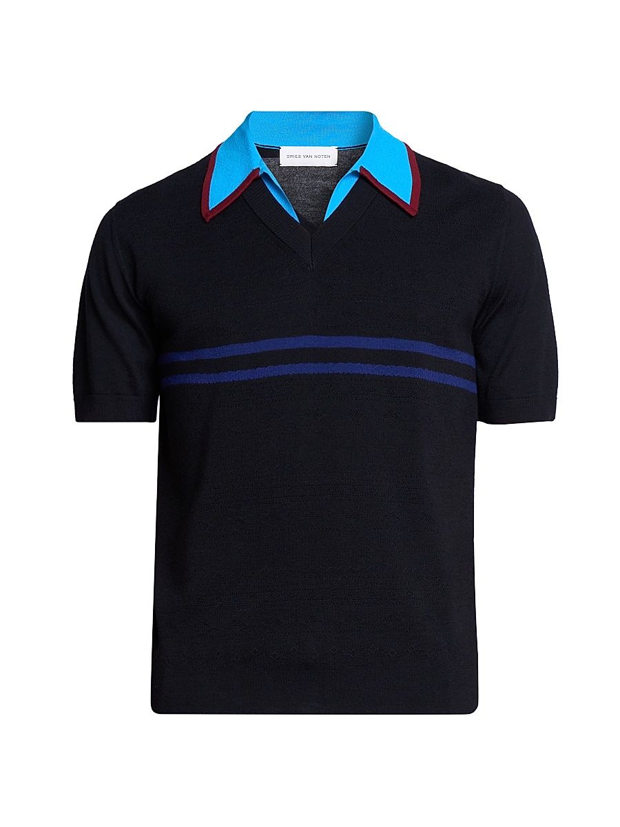 Men's Wool-Blend Knit Polo Shirt - Black - Size Large