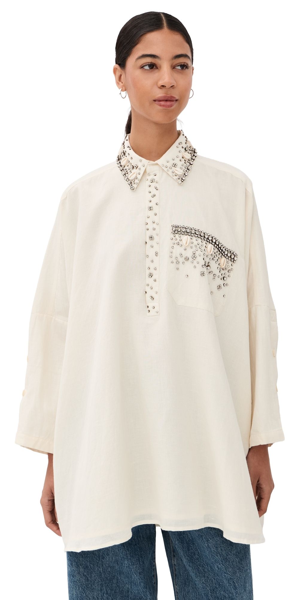 La Vie Style House Cowrie Shell Jeweled Boyfriend Shirt White One Size