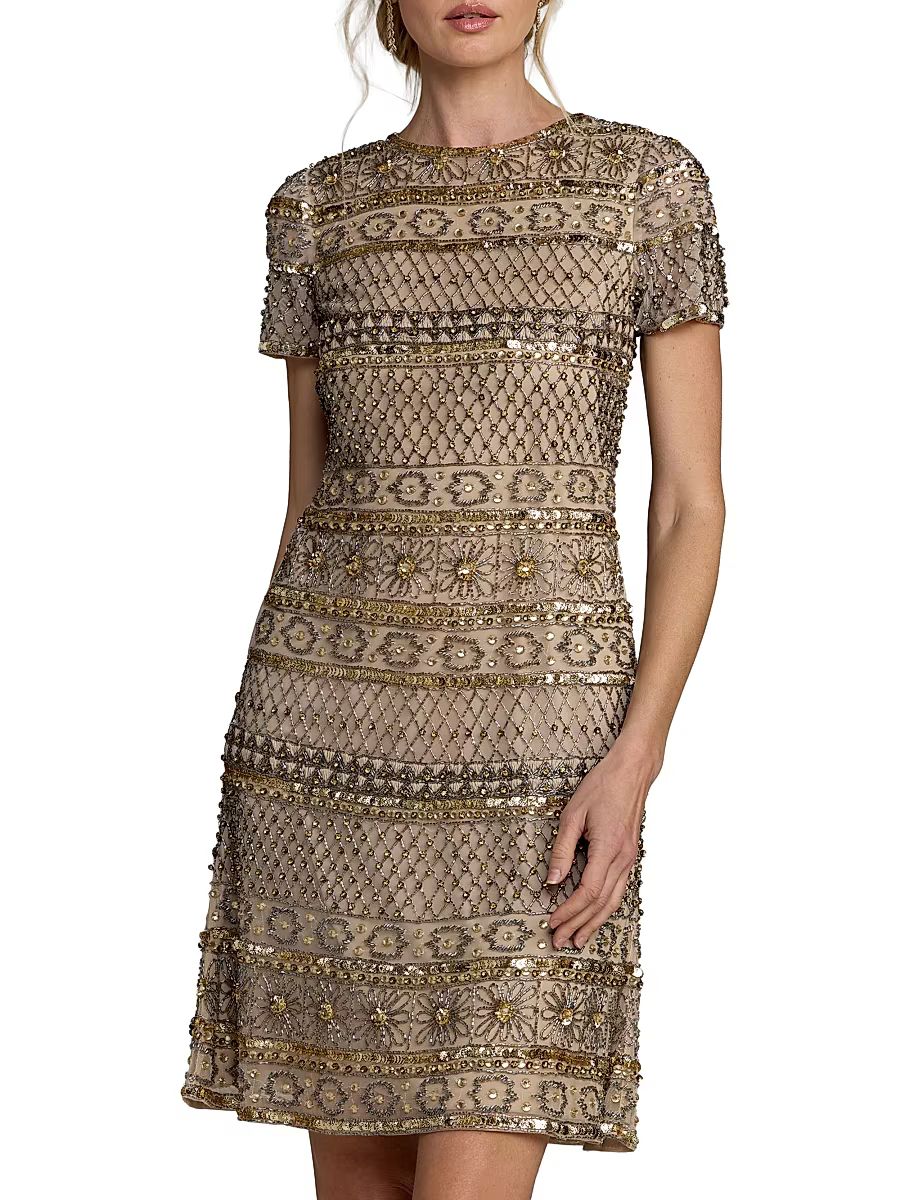 Women's Embellished Short-Sleeve Minidress - Beige Gold - Size 14