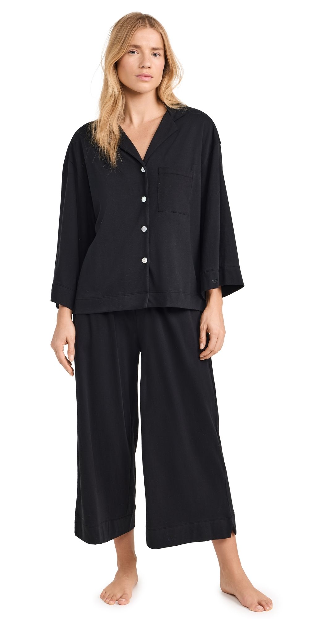 Petite Plume Women's Luxe Pima Black Wide Leg Pajama Set Black L