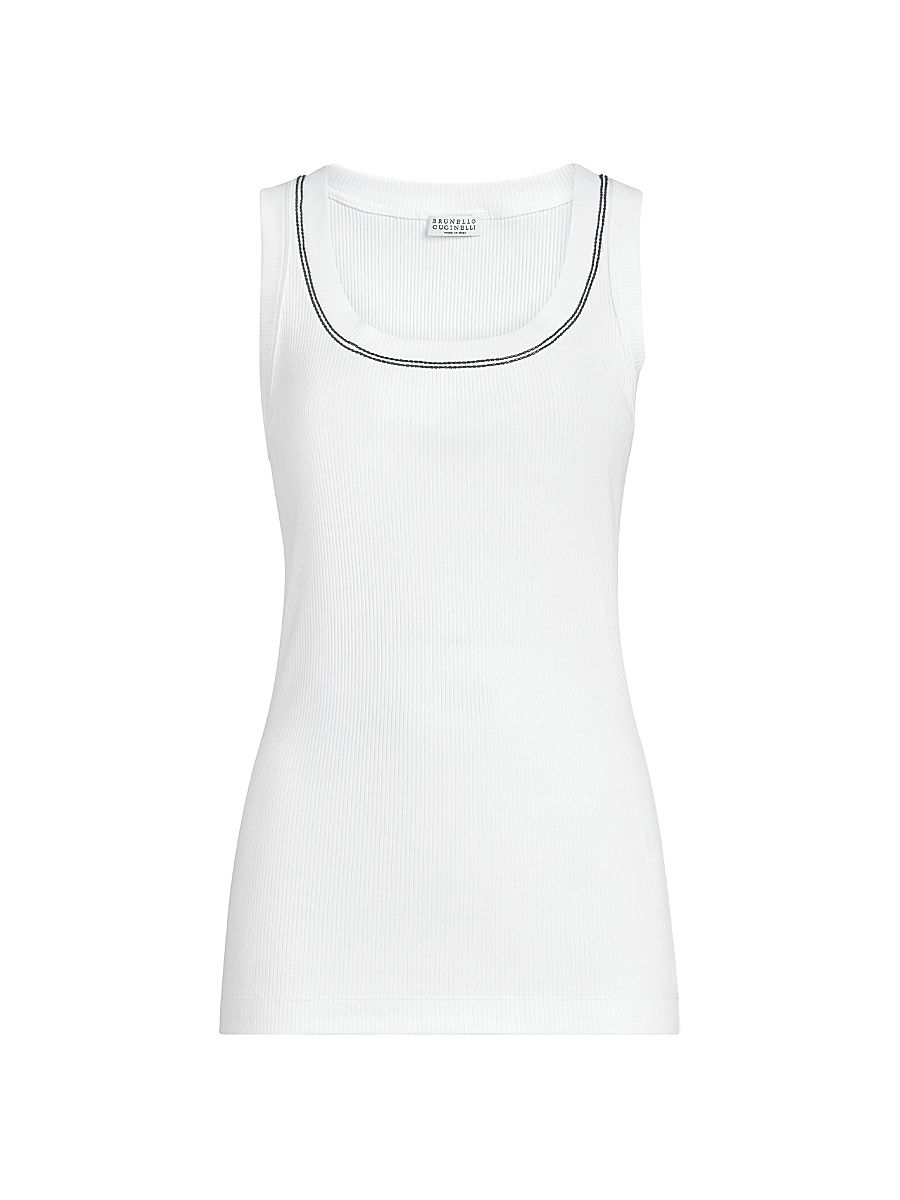 Women's Stretch Cotton Ribbed Jersey Top with Shiny Trim - White - Size XXS