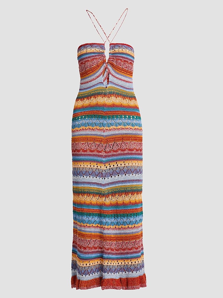 Women's Striped Pointelle Knit Midi Dress - Size 12