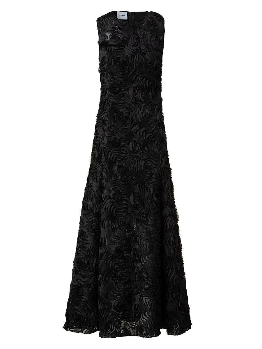 Women's 3D Floral Mixed Media A-Line Midi-Dress - Black - Size 2