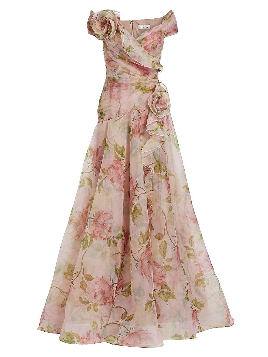Women's Floral Organza Tulle A-Line Gown - Blush Multi - Size 14