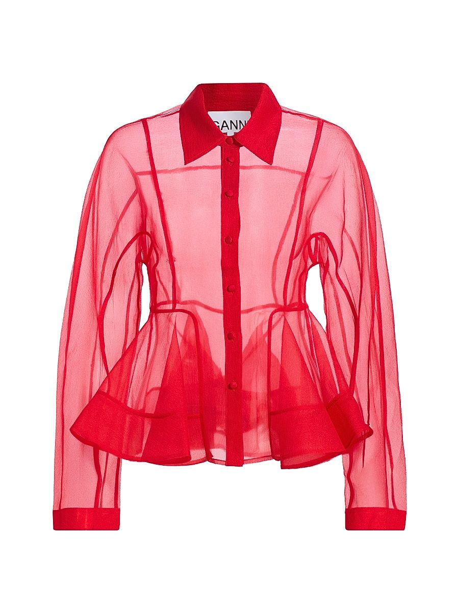 Women's Sheer Textured Organza Peplum Shirt - Mars Red - Size 14