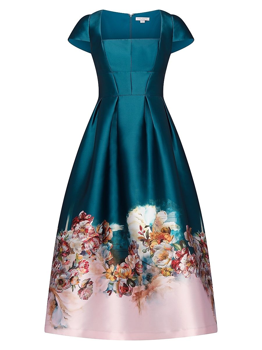 Women's Amaya Satin Floral-Hem Tea-Length Dress - Teal Pink - Size 0