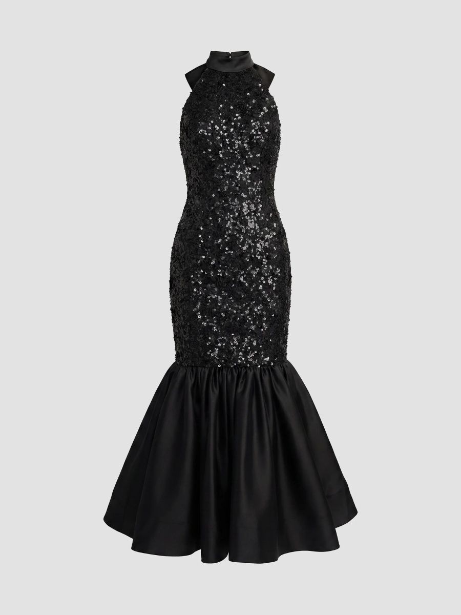 Mac Duggal Women's Sequined Lace-Satin Halter Mermaid Midi Dress - Black - Size 12
