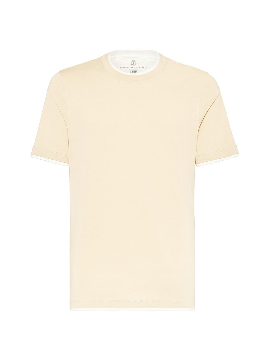 Men's Cotton Jersey Round Neck Slim Fit T-Shirt With Faux-Layering - Beige - Size XXL