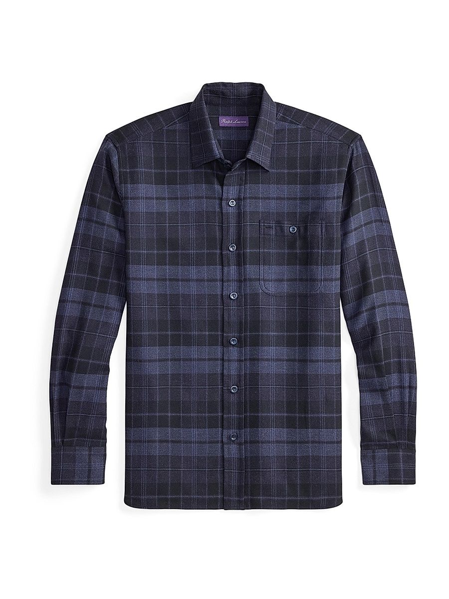 Men's Plaid Cotton Flannel Button-Front Shirt - Dark French Blue Melange - Size Medium