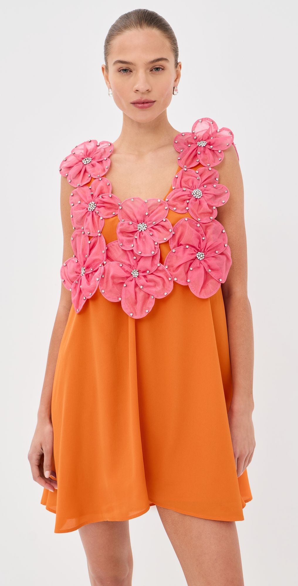 La Vie Style House 3D Jewel Floral Mini Swing Dress Orange & Pink One Size