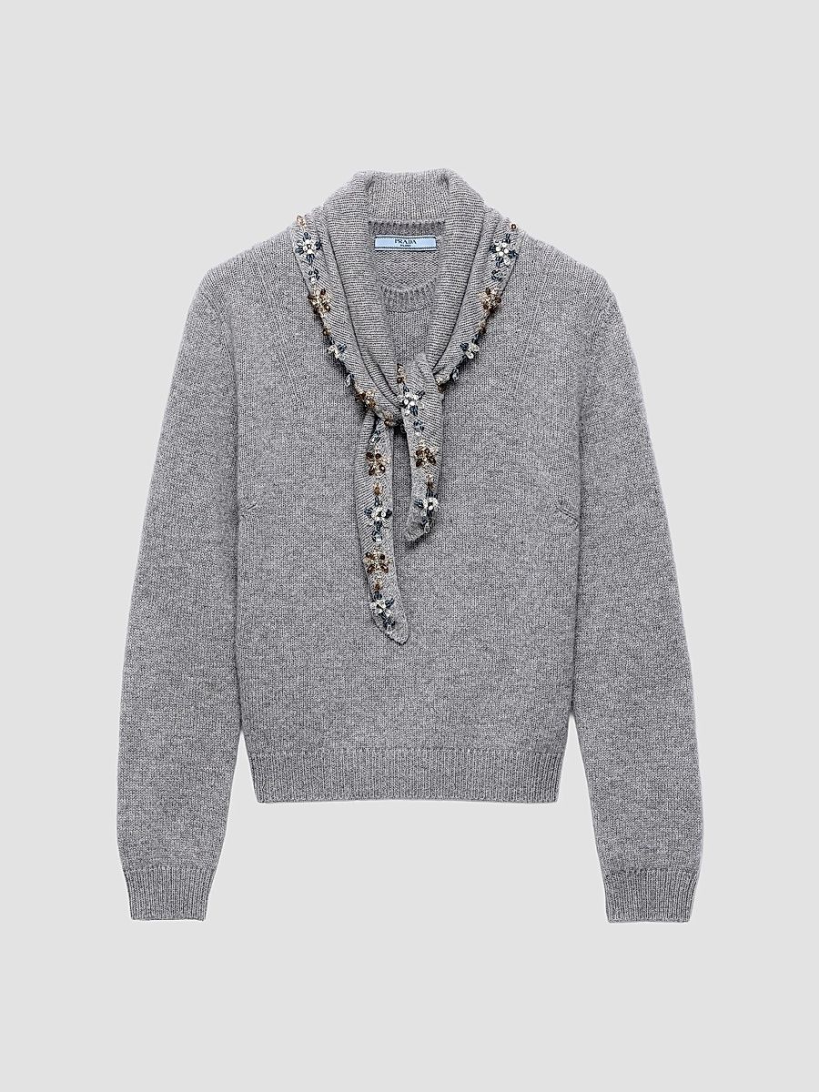 Women's Cashmere Crew-Neck Sweater with Scarf - Grey - Size 10