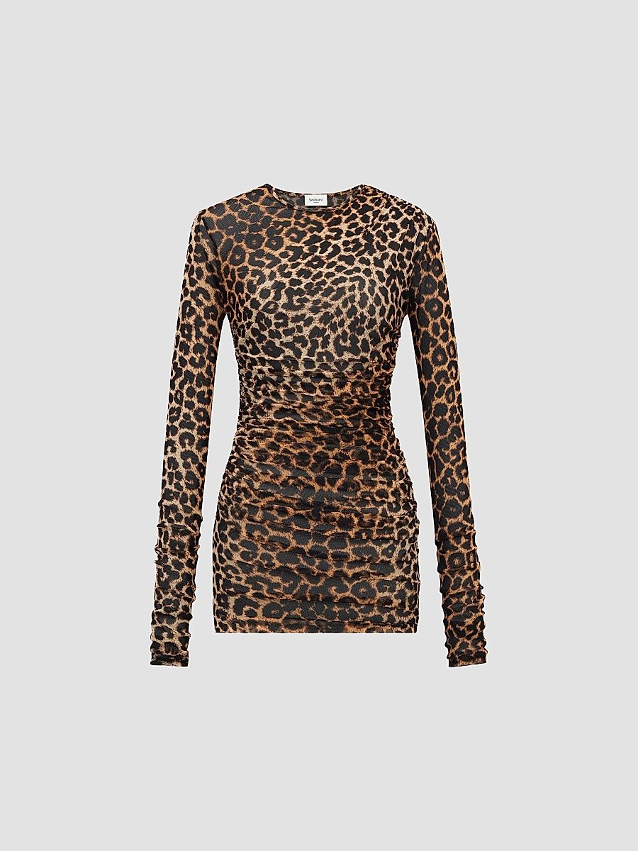 Saint Laurent Women's Ruched Mini Dress in Leopard Tulle Jersey - Brown - Size XS
