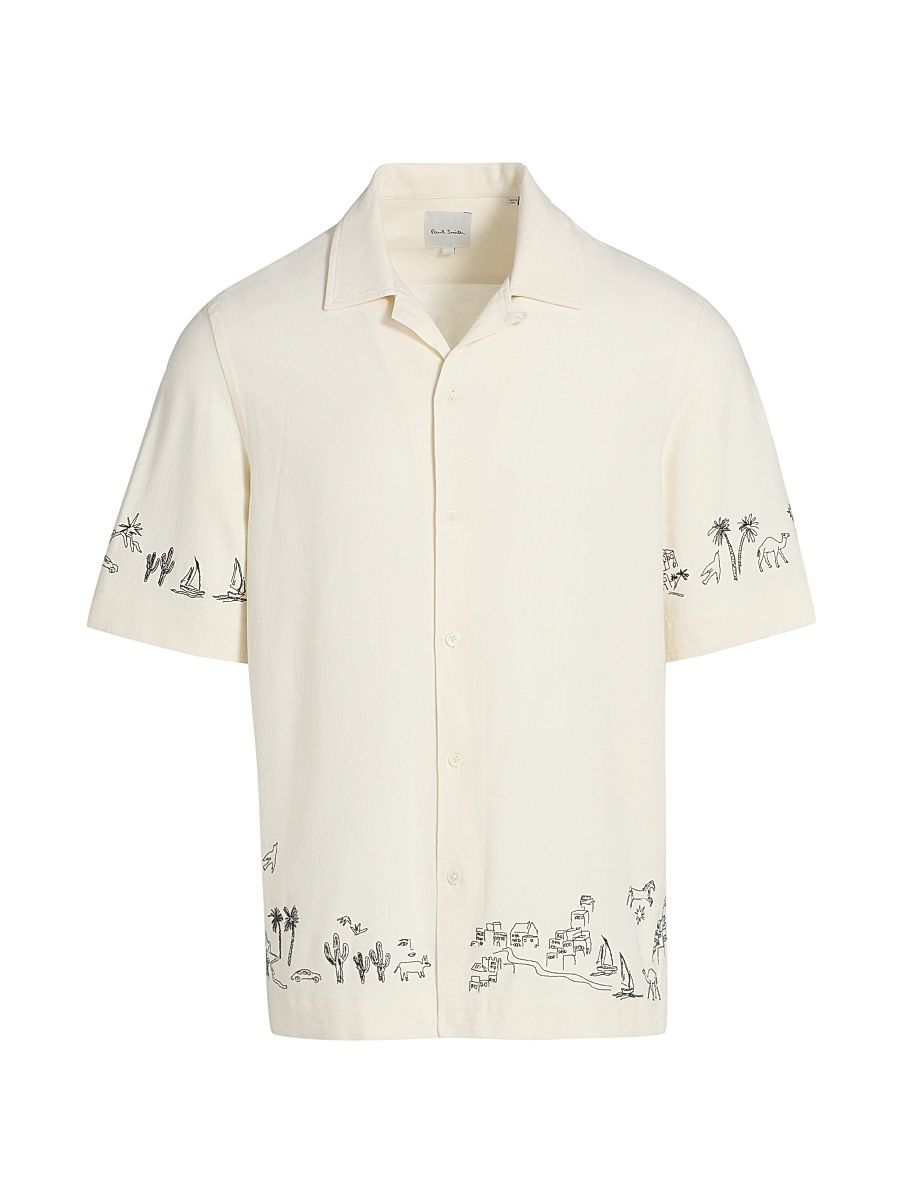 Men's Embroidered-Trim Camp Shirt - Ivory - Size XL