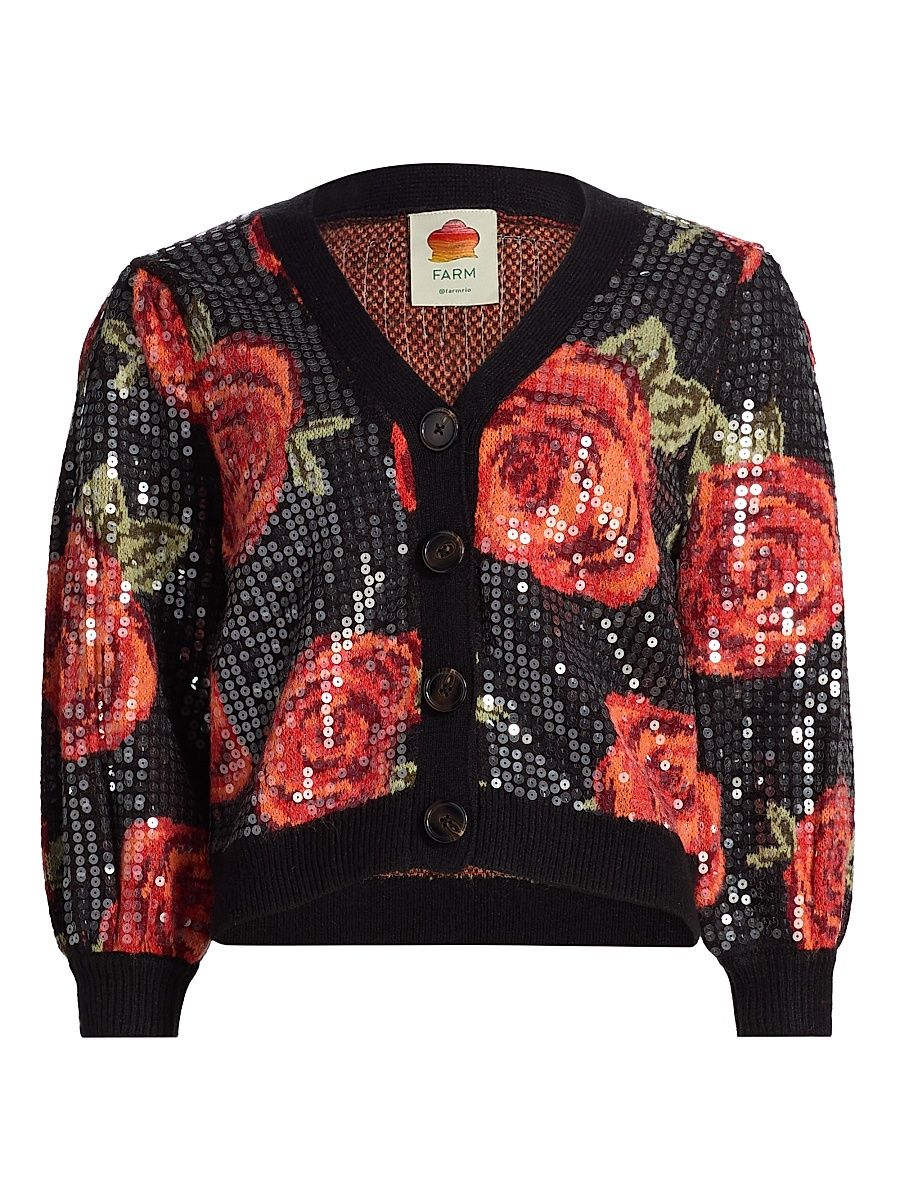 Women's Latin Roses Sequin Knit V-Neck Cardigan - Black - Size Medium