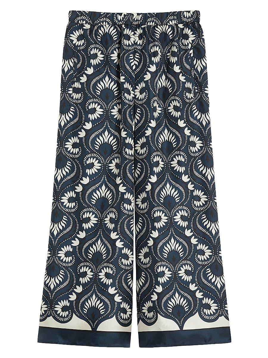 Women's Fluid Printed Silk Trousers - Navy - Size 16