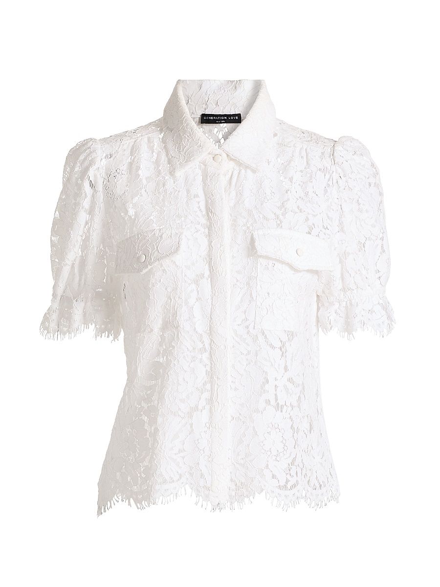 Women's Mina Lace Button-Front Top - White - Size Medium