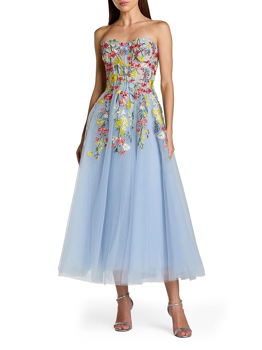 Women's Floral-Embroidered Mesh Strapless Cocktail Dress - Periwinkle Multi - Size 16