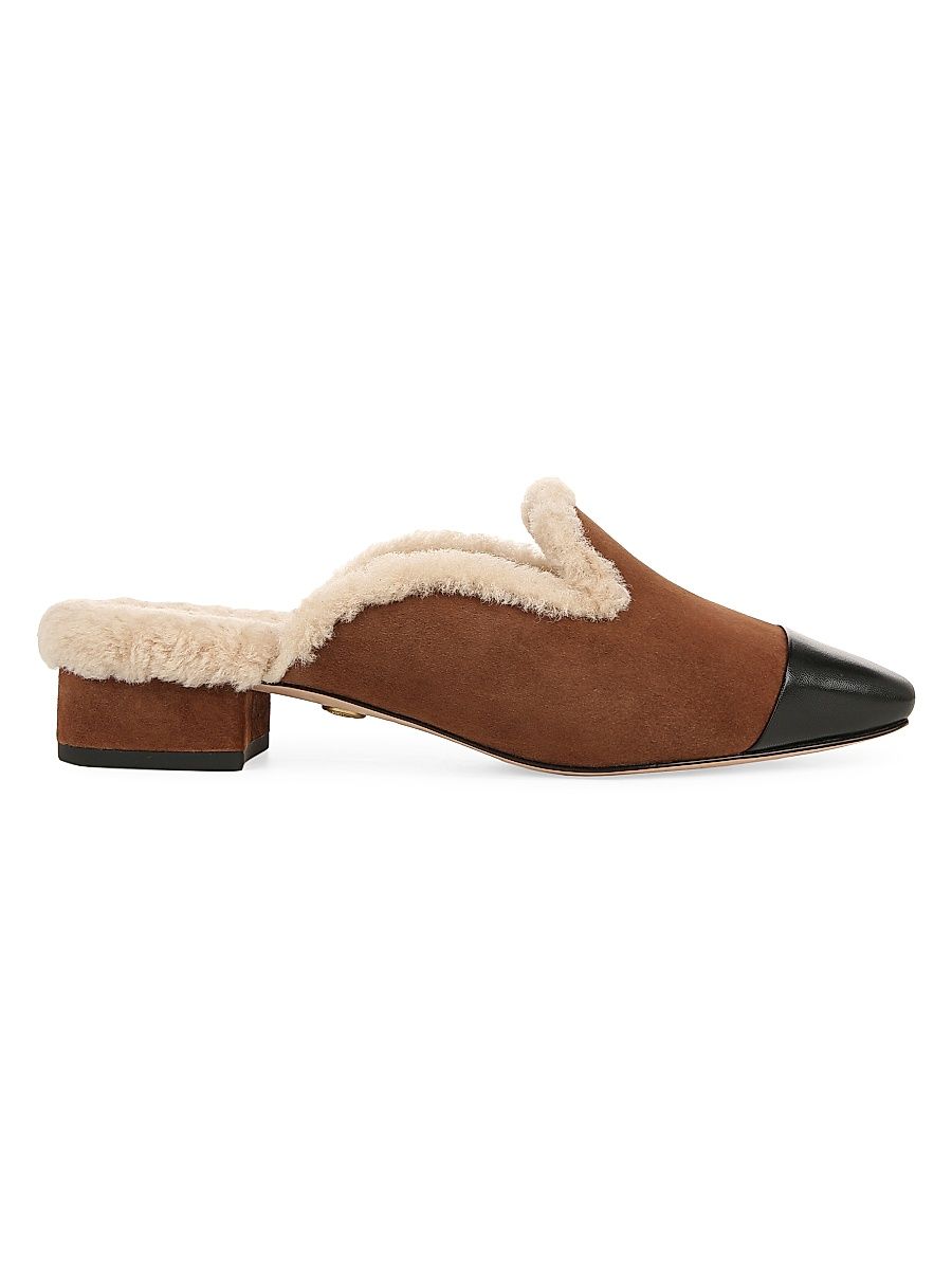 Women's Cecile Shearling -Trimmed Suede Mules - Cedar Black - Size 7