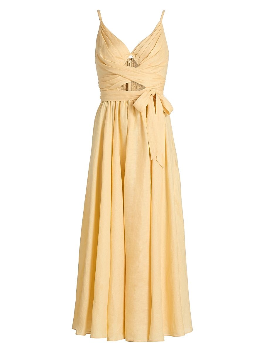 Women's Awaken Cut Out Tie-Waist Linen Midi-Dress - Lemon - Size 8
