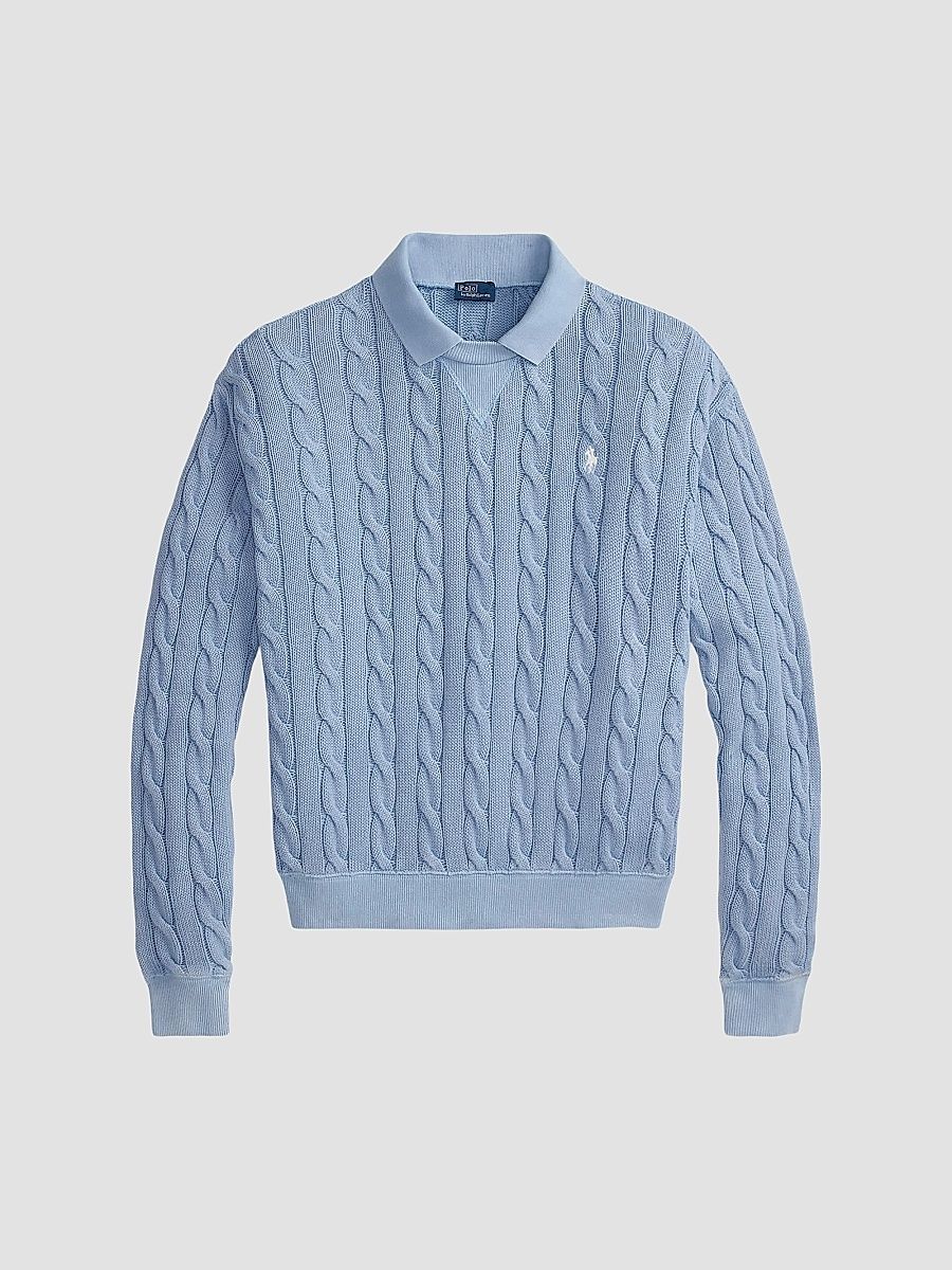 Women's Cable-Knit Cotton Sweater - Chambray Blue - Size Large