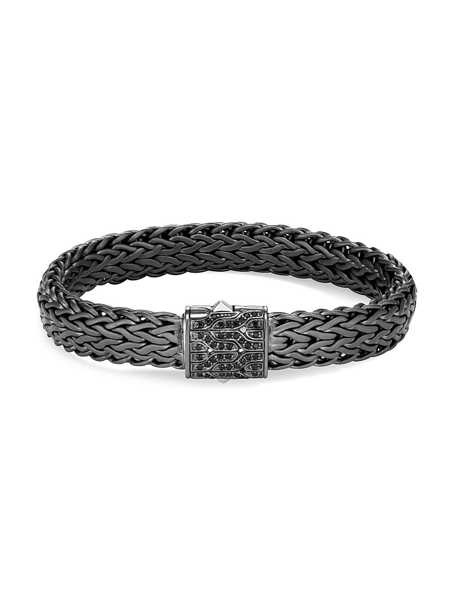 Men's Chain Collection Black Rhodium-Plated Sterling Silver & Black Sapphire Icon Woven Chain Bracelet - Black - Size Medium