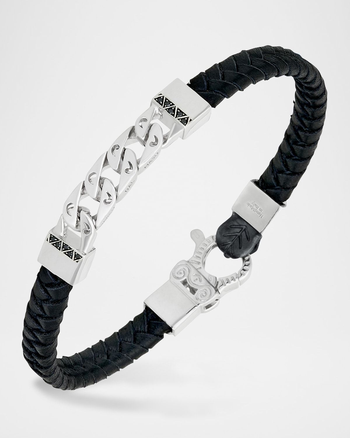Men & apos;s Flaming Tongue Braided Leather and Silver Bracelet with Black Diamonds