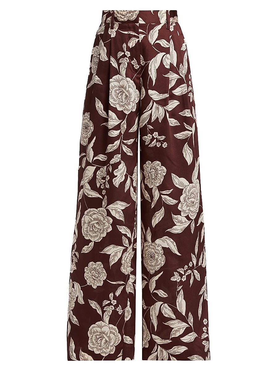 Women's Jodi Floral Twill Wide-Leg Pants - Deep Redwood Multi - Size 12