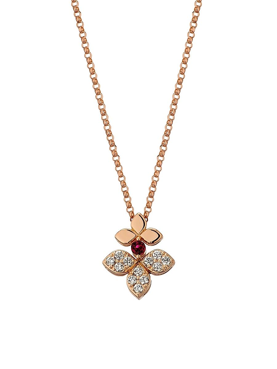 Women's Love In Verona 18K Rose Gold, 0.11 TCW Diamond & Rubellite Split Flower Pendant Necklace - Rose Gold