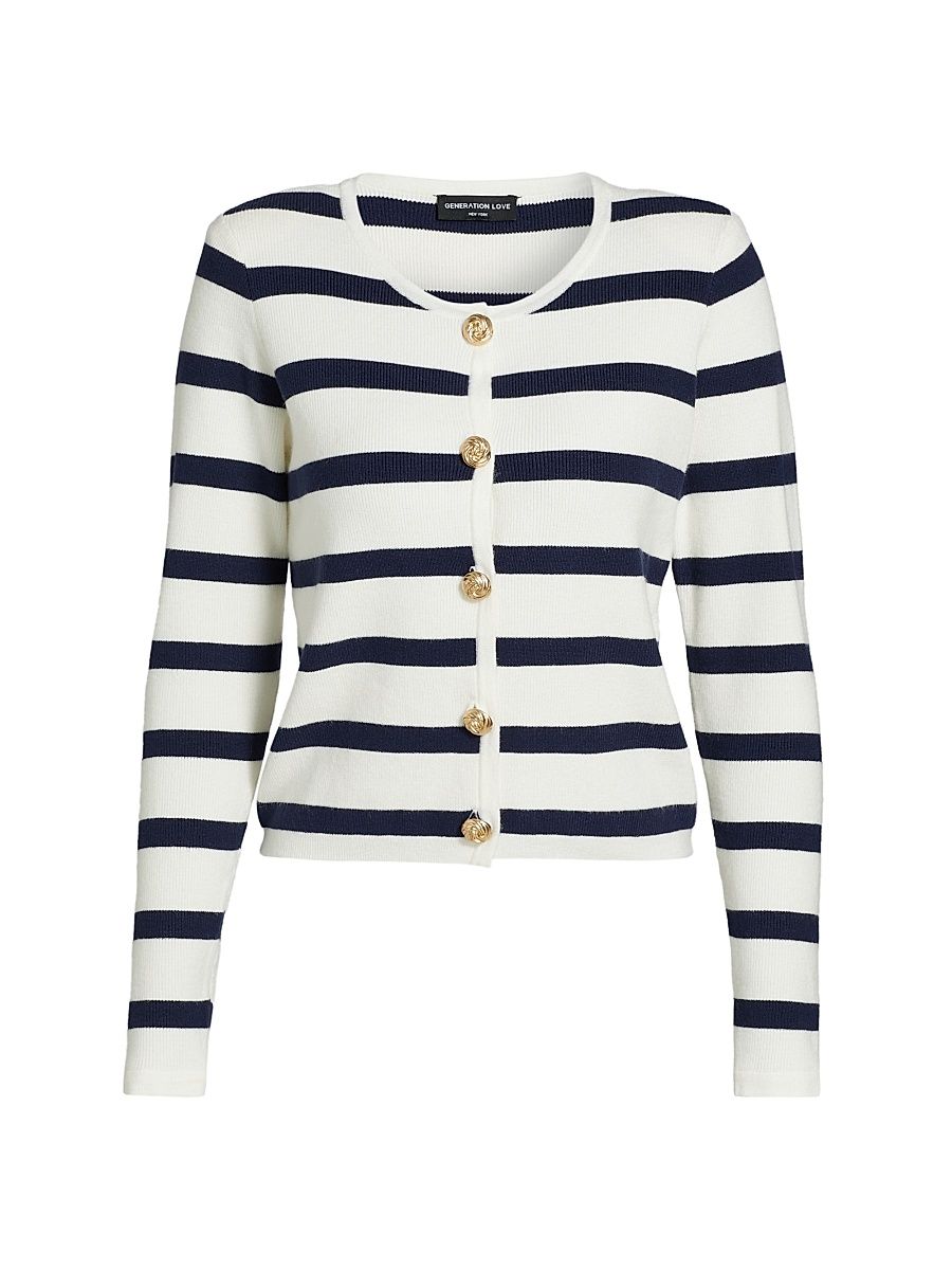 Women's Logan Striped Crop Cardigan - White Navy - Size XL