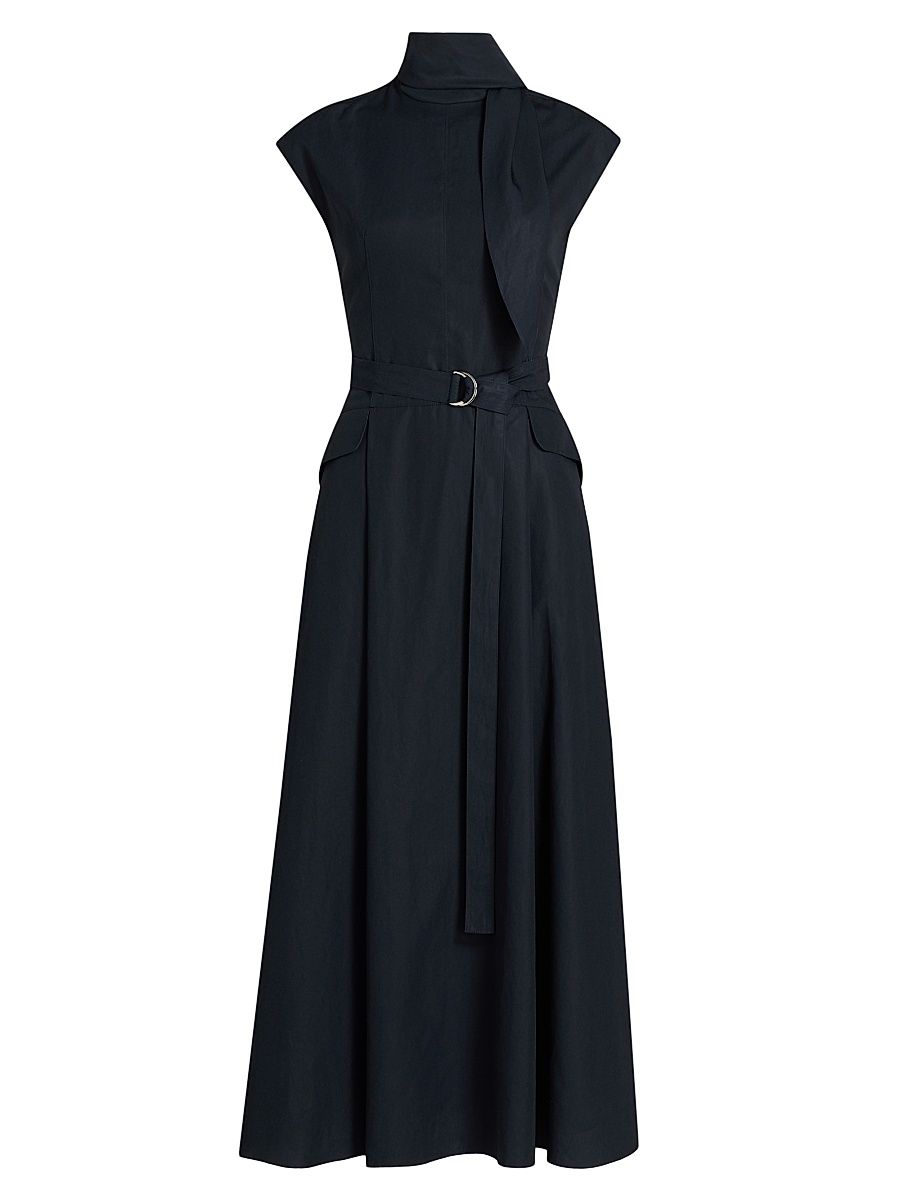 Women's Akane Tie-Waist Poplin Cotton Maxi Dress - Navy - Size 14