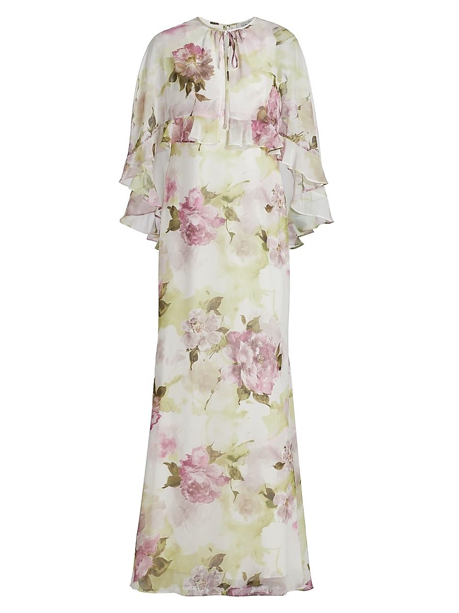 Women's Floral Chiffon Ruffle Capelet Gown - White Multi - Size 18