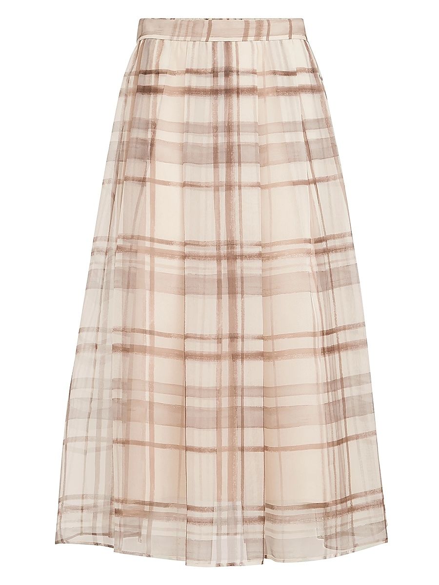 Women's Silk Organza Pleated Skirt in Macro Check Print - White - Size 10