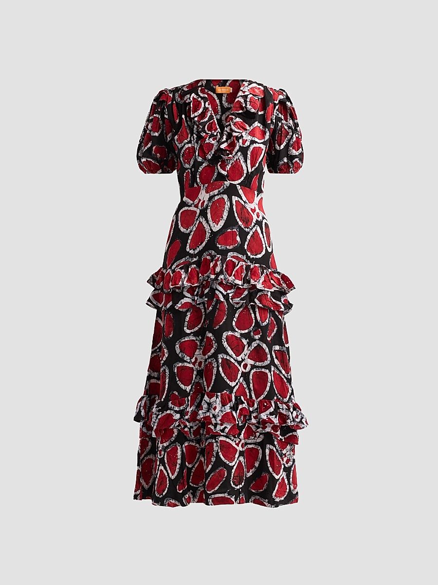 Women's Lase Printed Ruffle Cotton Midi Dress - Crimson Red - Size XL
