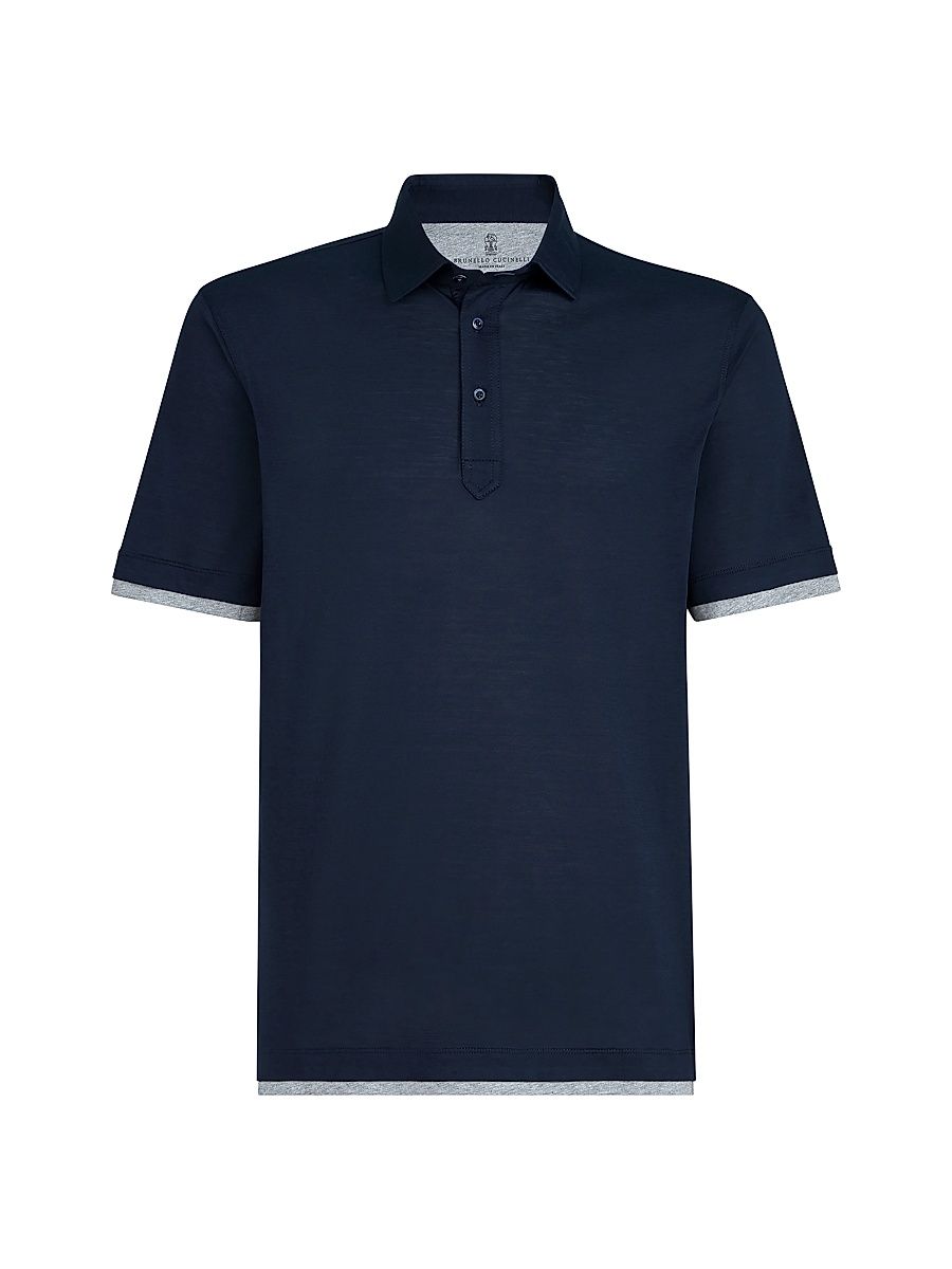 Men's Silk and Cotton Jersey Shirt Style Collar Polo with Faux Layering - Navy Blue - Size XL