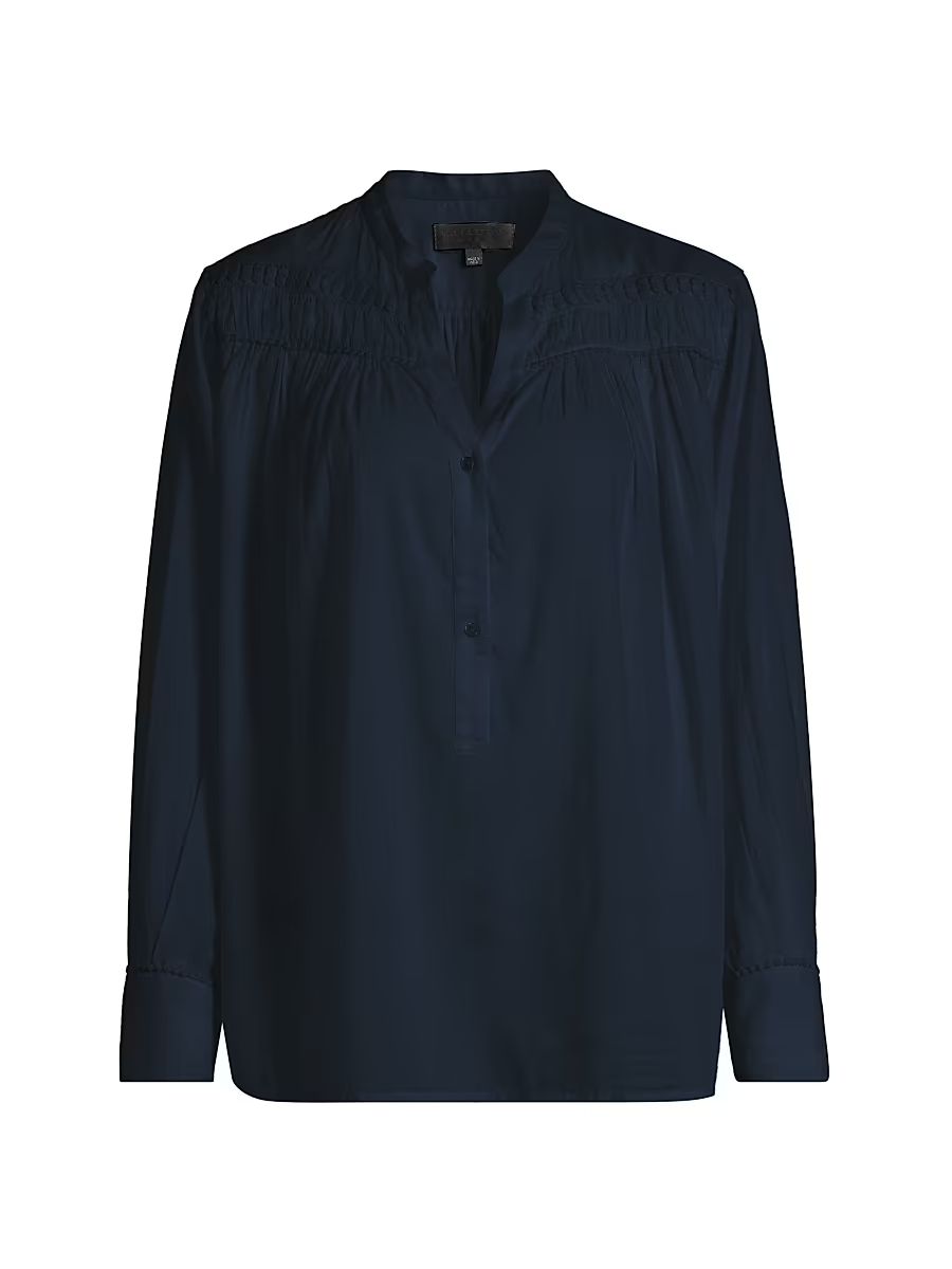 Women's Clarys Gathered Cotton Split Neck Top - Midnight - Size XL