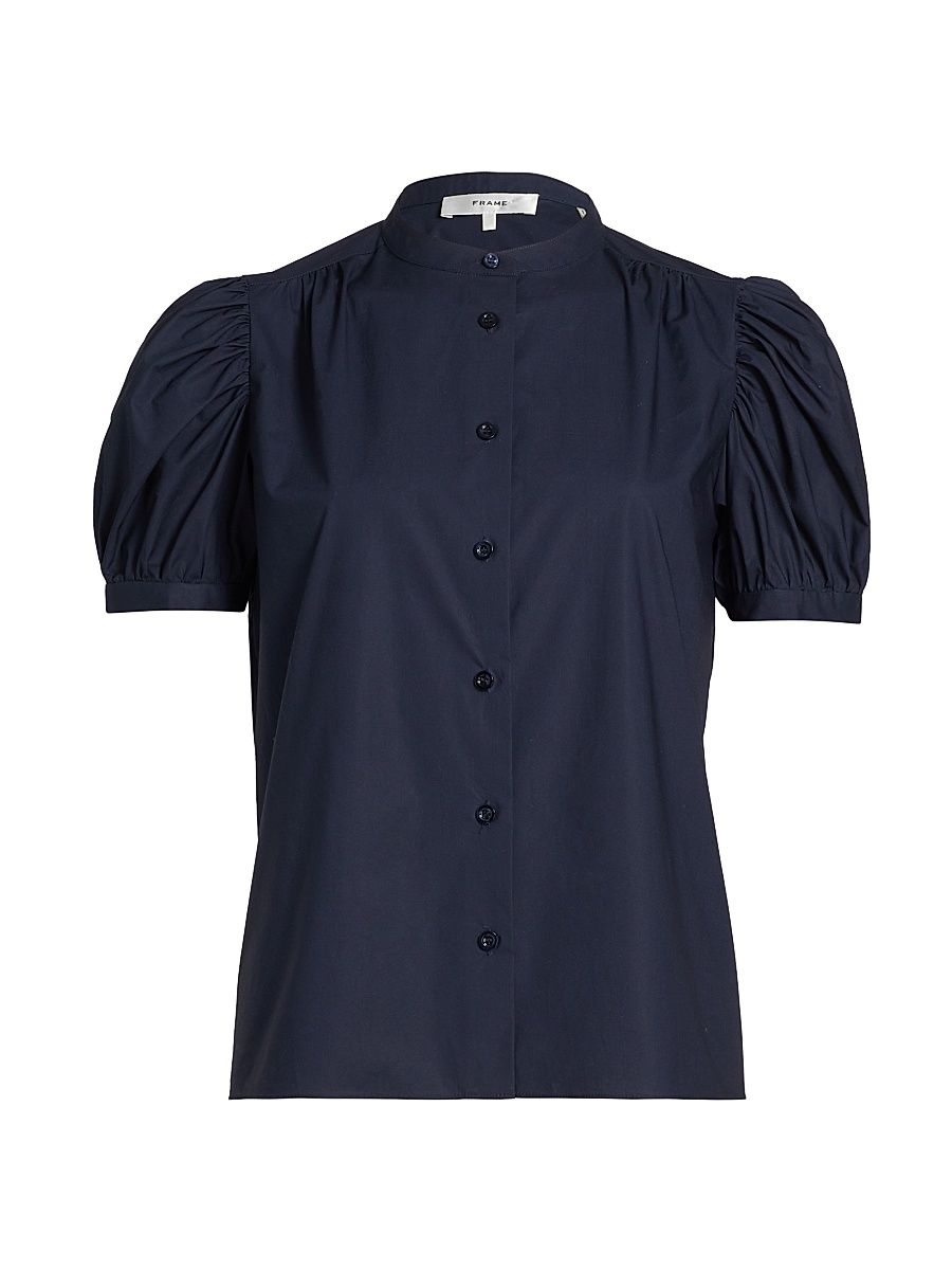 Women's Gathered Puff-Sleeve Top - Navy - Size Large