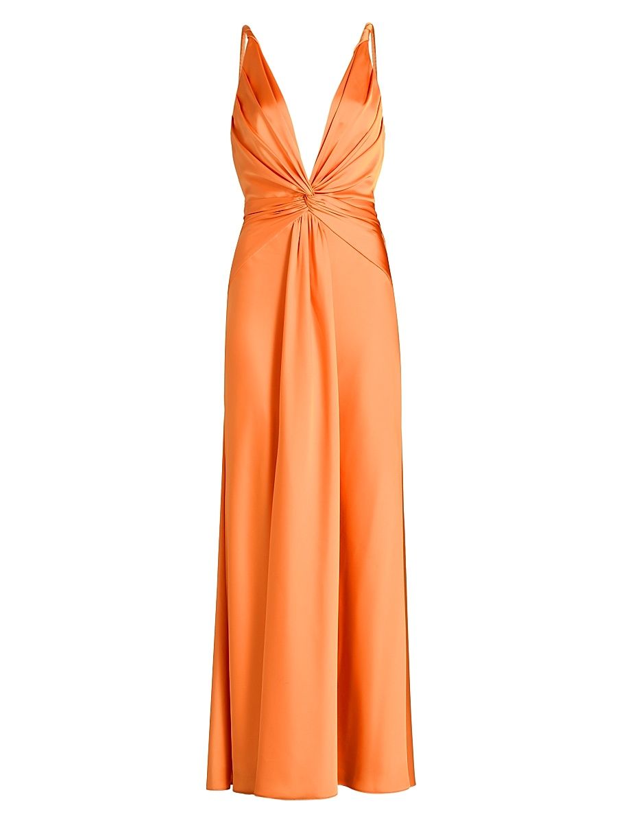 Women's Tatum Satin Draped V-Neck Gown - Tangerine - Size 12
