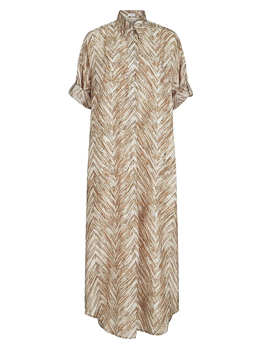 Women's Silk Chevron Print Pongee Dress - Beige - Size XXXL