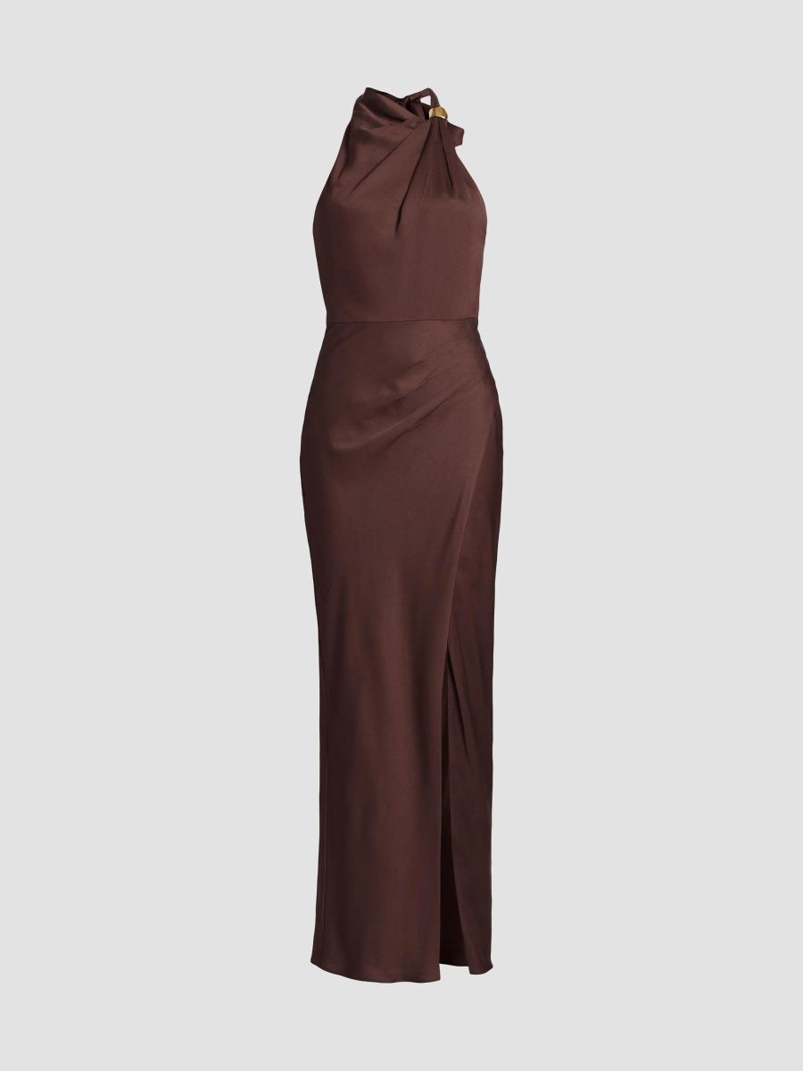 Nicholas the Label Women's Galilea Embellished Draped Halter Gown - Chocolate - Size 2