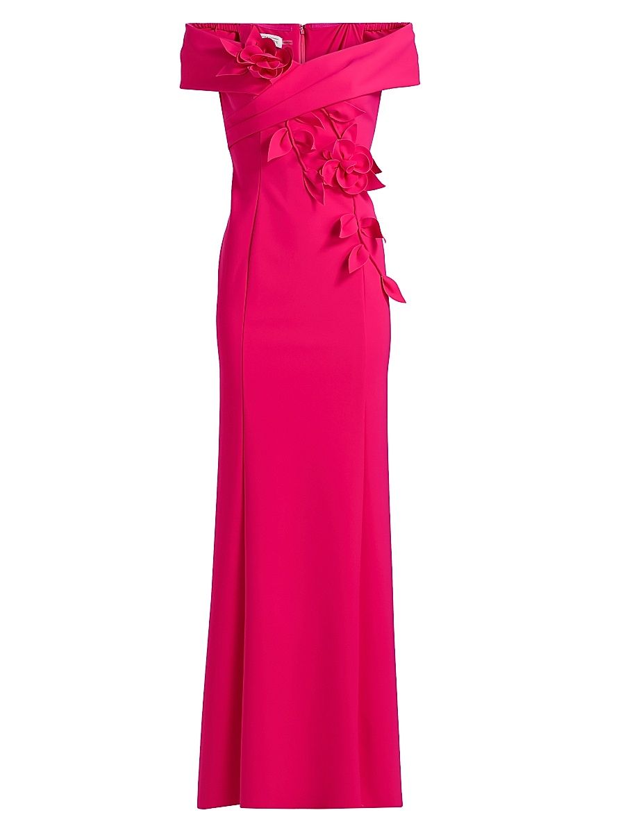 Women's Scuba Flower Off-The-Shoulder Gown - Hot Pink - Size 18