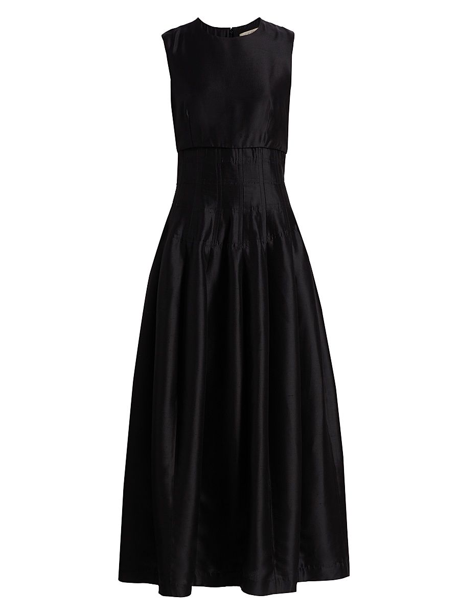 Women's Estefania Shantung Silk Fit & Flare Midi-Dress - Black - Size 10