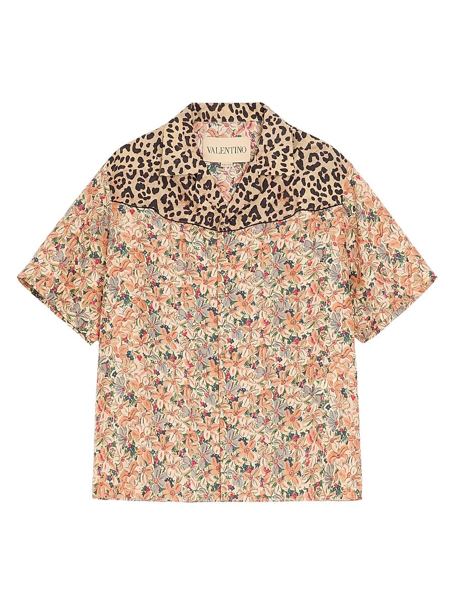 Men's Bowling Shirt in Silk Poplin and Papier Floral Prints - Size 40