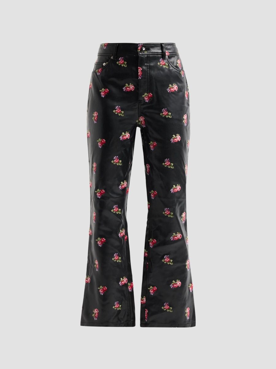 Women's Stevie Rose-Embroidered Faux-Leather Crop Pants - Black Multi - Size 14