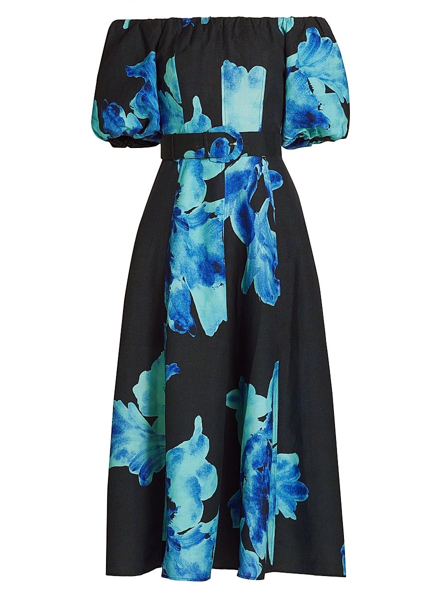 Women's Santha Floral Off-the-Shoulder Midi-Dress - Thalia Floral Navy - Size 4