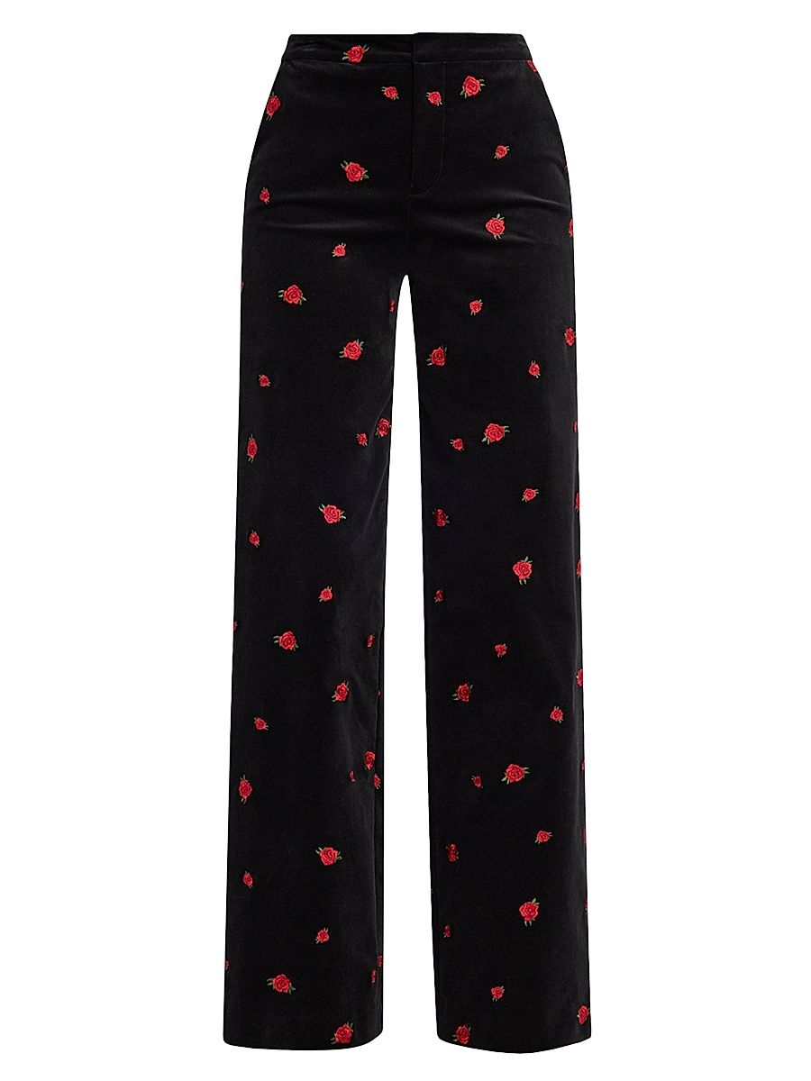 Women's Livvy Rose-Embroidered Velvet Pants - Black Red Grey - Size 8