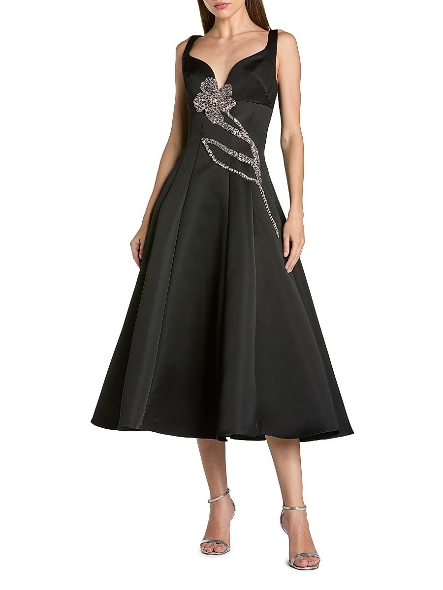 Women's Embellished Floral Satin Midi-Dress - Black Gold - Size 14