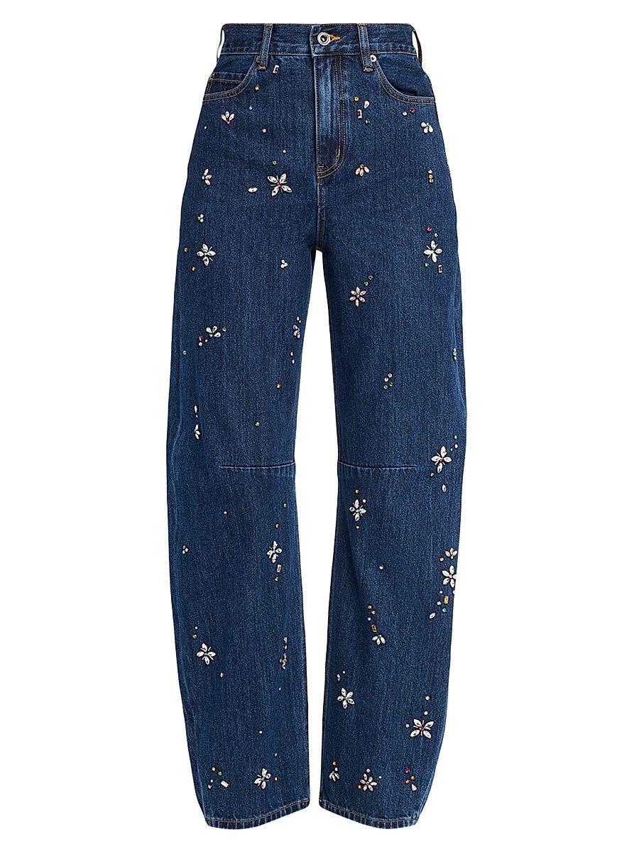 Women's Embellished High-Rise Barrel-Leg Jeans - Blue - Size 27